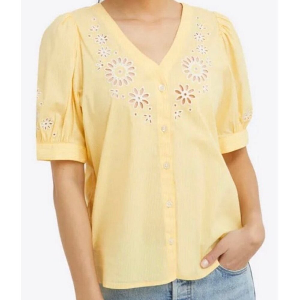 Draper James Yellow Embroidered Striped Flower Emily Button Down Top size Large